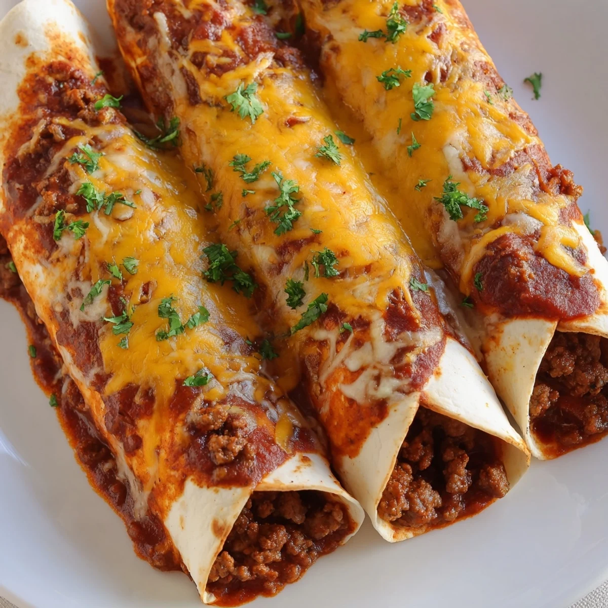 Beef Enchiladas with Homemade Red Sauce baked in a dish with melted cheese and fresh cilantro garnish.