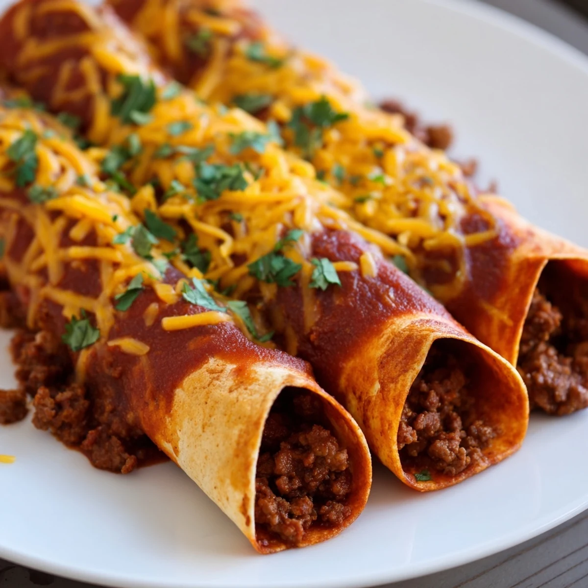 Close-up of Beef Enchiladas with Homemade Red Sauce, featuring rich, spiced sauce and golden, bubbly cheese topping.