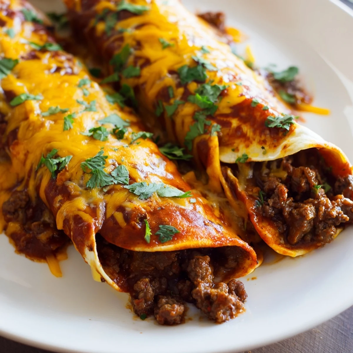 Serving platter of Beef Enchiladas with Homemade Red Sauce alongside lime wedges and a dollop of sour cream.