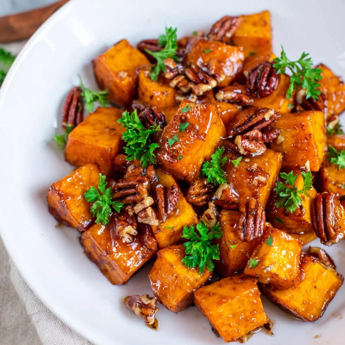 Savory-sweet maple roasted sweet potatoes with crunchy pecans, ready to serve as a rustic side dish.
