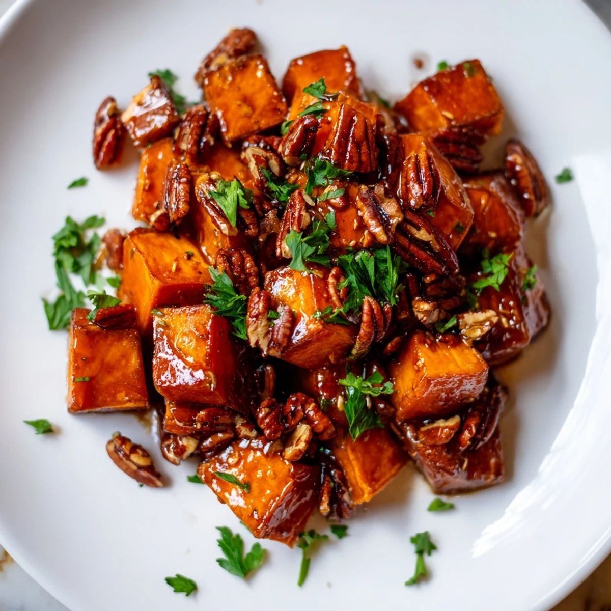 Golden roasted sweet potatoes glazed with maple syrup and topped with toasted pecans on a baking sheet.