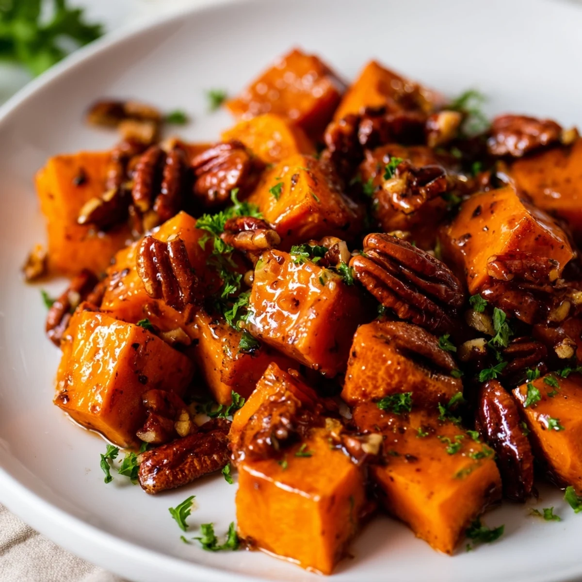 Caramelized roasted sweet potatoes tossed in maple glaze, garnished with fresh parsley and warm pecans.