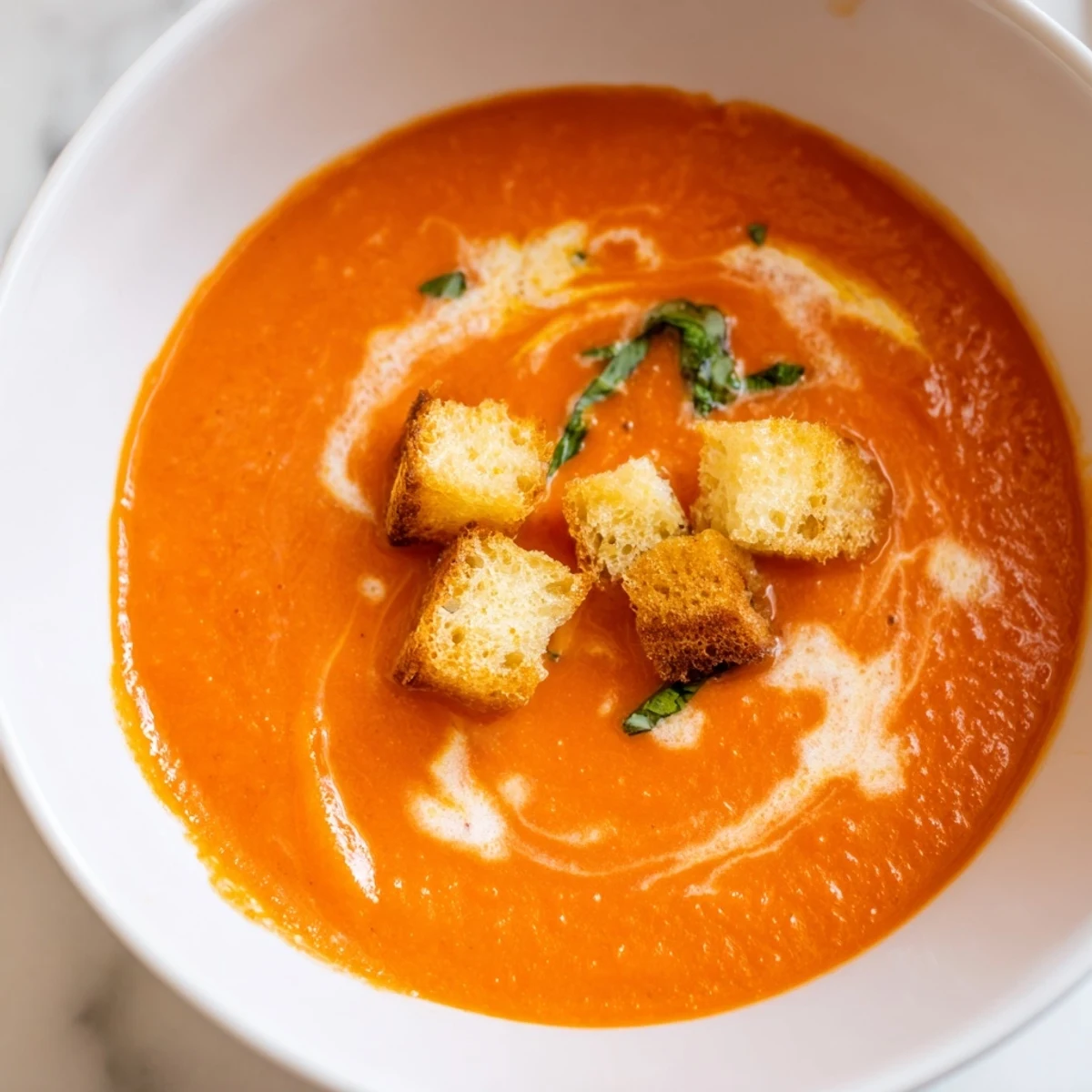 Creamy tomato and basil soup with croutons in a white bowl, garnished with fresh basil leaves and golden, crunchy bread cubes.