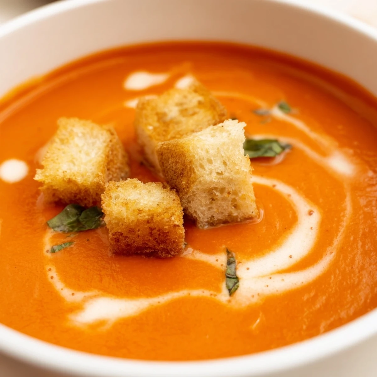 Italian-style creamy tomato and basil soup with croutons, topped with crisp golden cubes and fresh basil for a comforting meal.