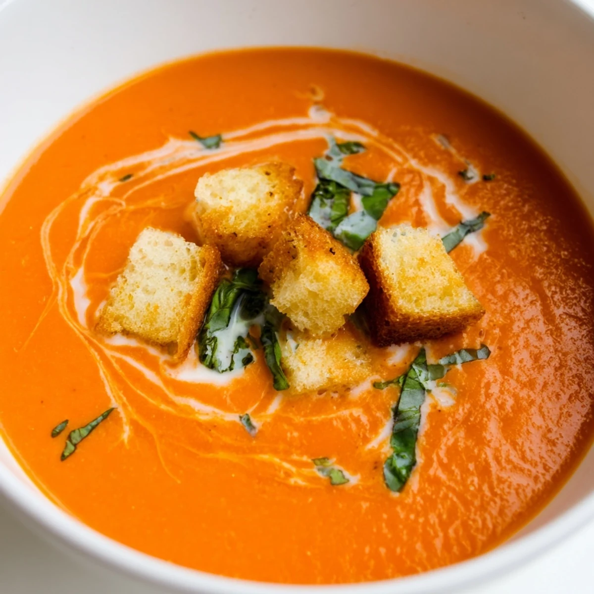 Homemade creamy tomato and basil soup with croutons, served steaming with a swirl of cream and rustic bread on the side.
