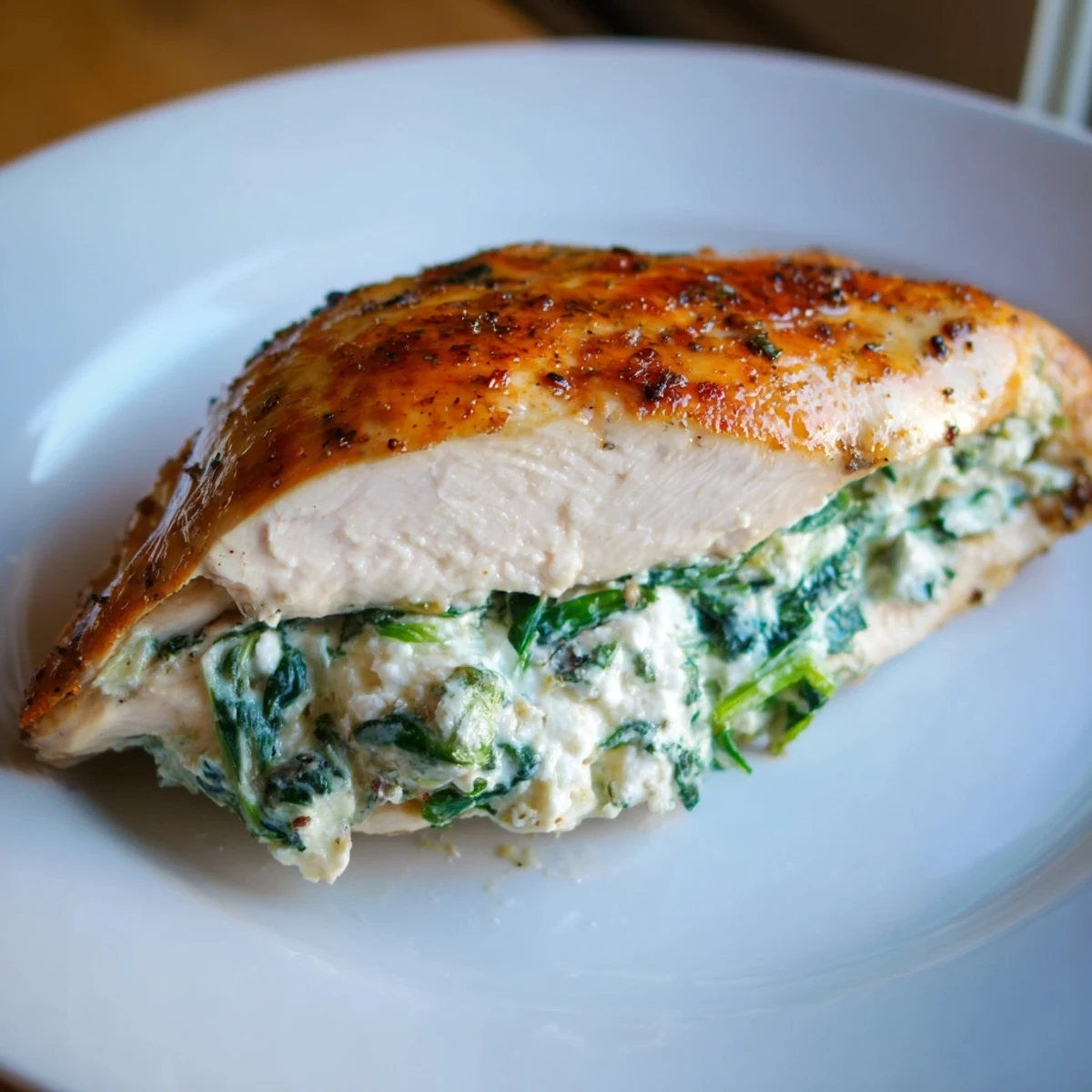 Juicy baked Spinach and Feta Stuffed Chicken Breast sliced open, revealing the savory, creamy filling and fresh dill garnish.