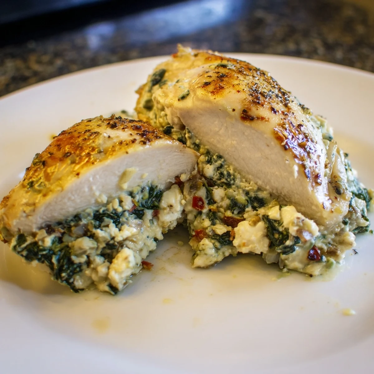 A close-up of golden-brown Spinach and Feta Stuffed Chicken Breast served warm, paired with a light Mediterranean Greek salad.