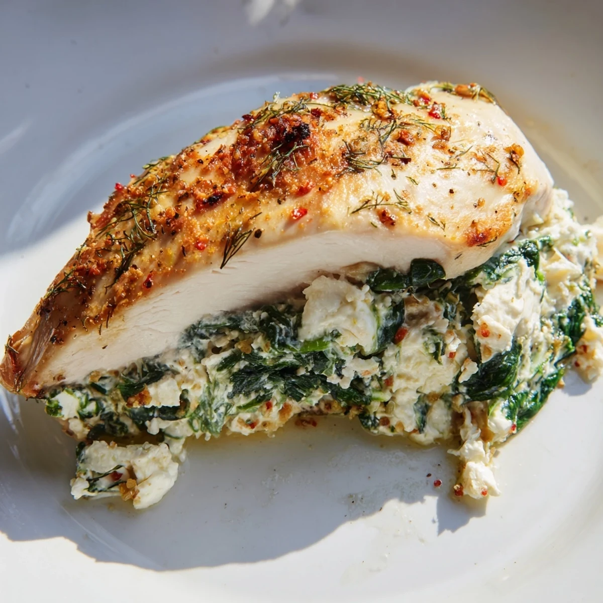 Perfectly seared Spinach and Feta Stuffed Chicken Breast on a skillet, with wilted spinach and melted feta cheese inside.