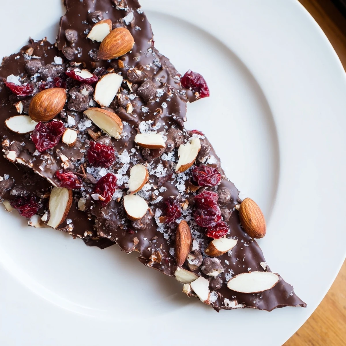 Two stacked chocolate covered matzo crackers with chopped pistachios and dried cranberries on a marble background.  