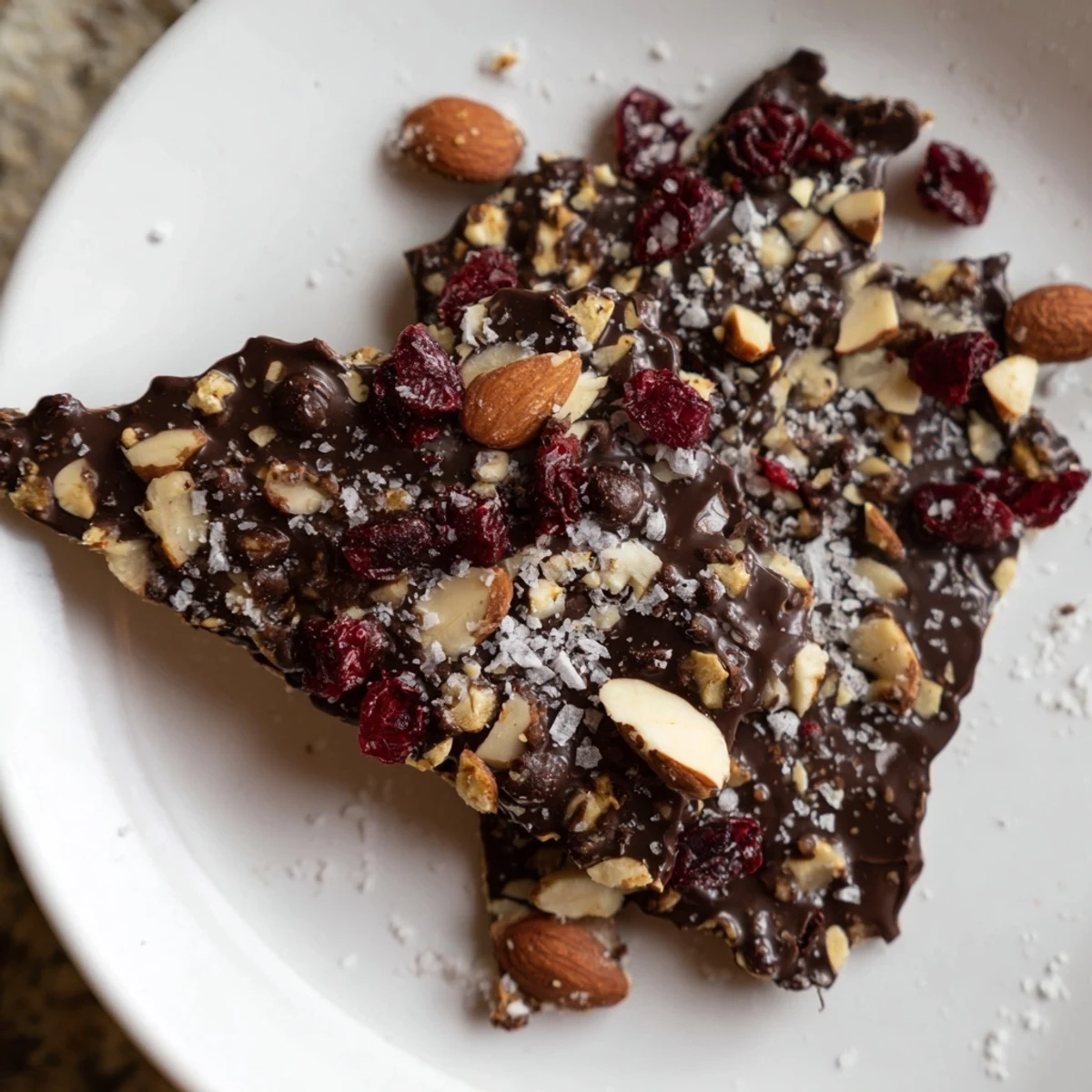 A close-up of chocolate covered matzo crackers topped with toasted almonds and flaky sea salt on a dark slate surface.  