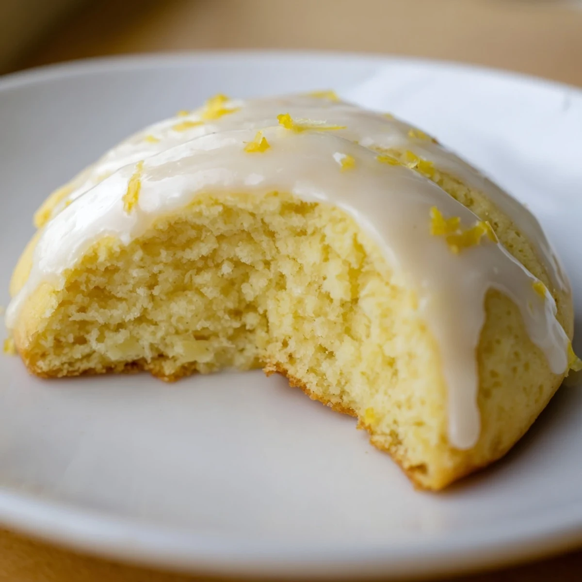 Golden-brown Lemon Ricotta Cookies topped with glossy lemon glaze, arranged on a white plate with fresh lemon slices nearby.  