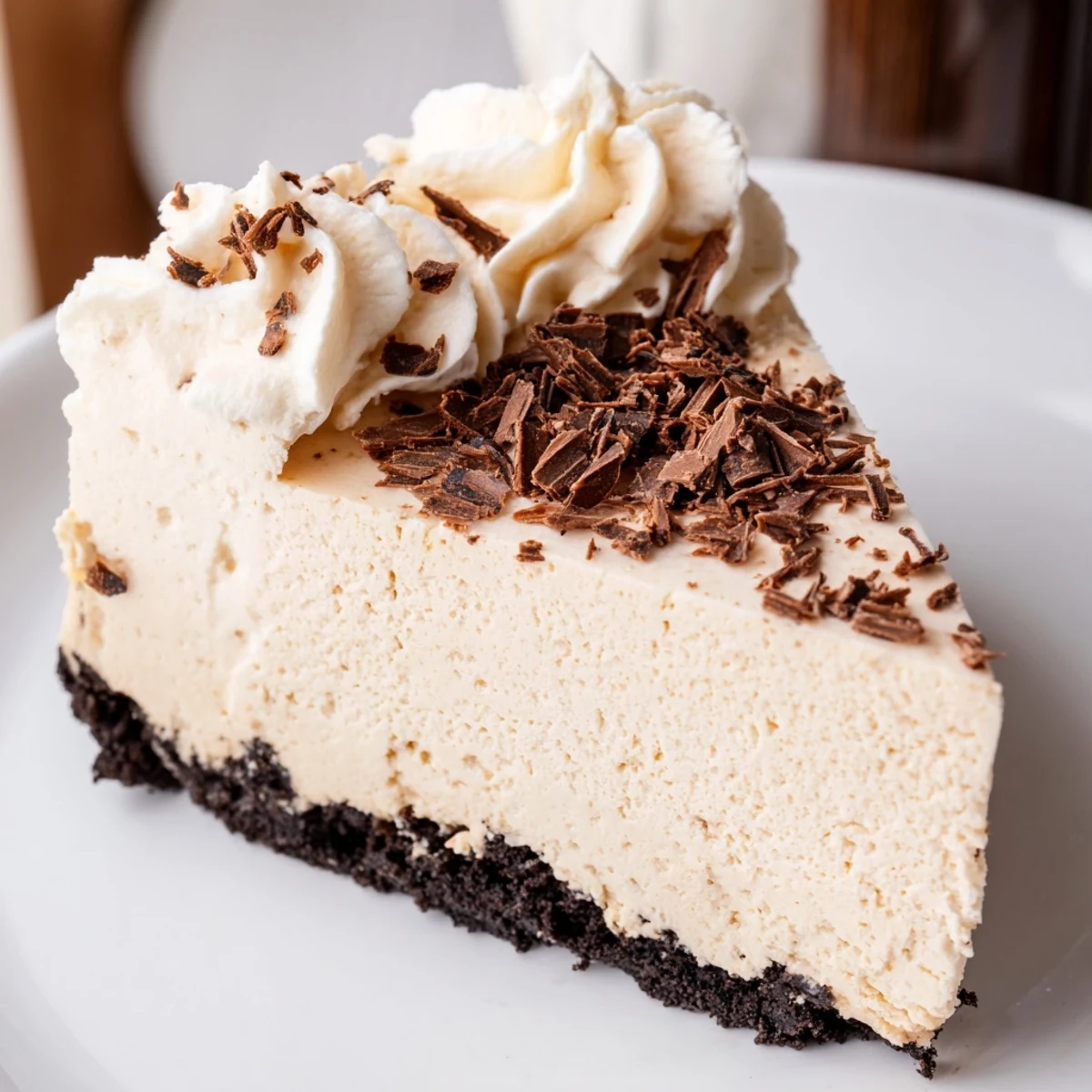 Freshly baked Irish Cream Cheesecake with a glossy, chocolatey filling and a dark cookie crumb crust, sliced to reveal a creamy texture.  