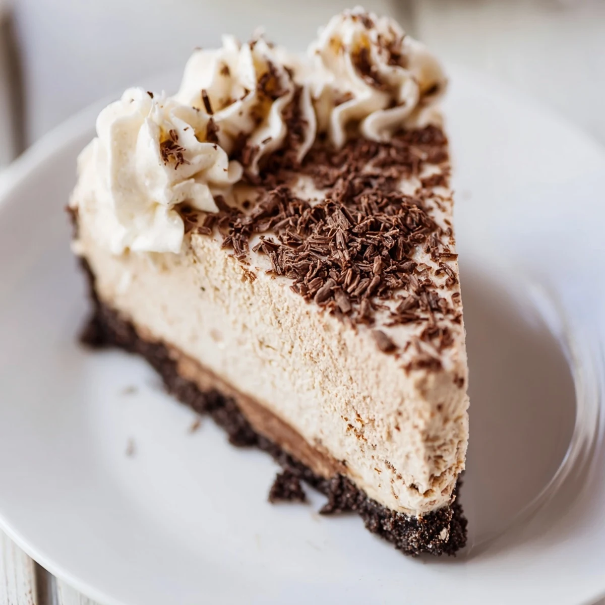 A decadent slice of Irish Cream Cheesecake topped with cloud-like whipped cream and delicate cocoa powder, ready to be served on a plate.  