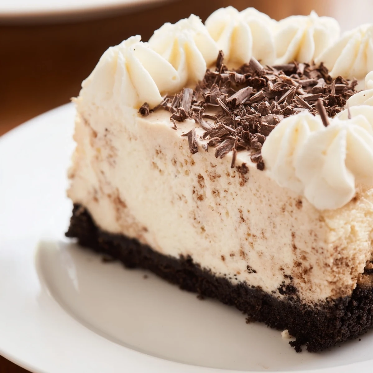 Homemade Irish Cream Cheesecake with a crumbly chocolate base and rich, coffee-infused filling, garnished with shaved dark chocolate for a dessert celebration.