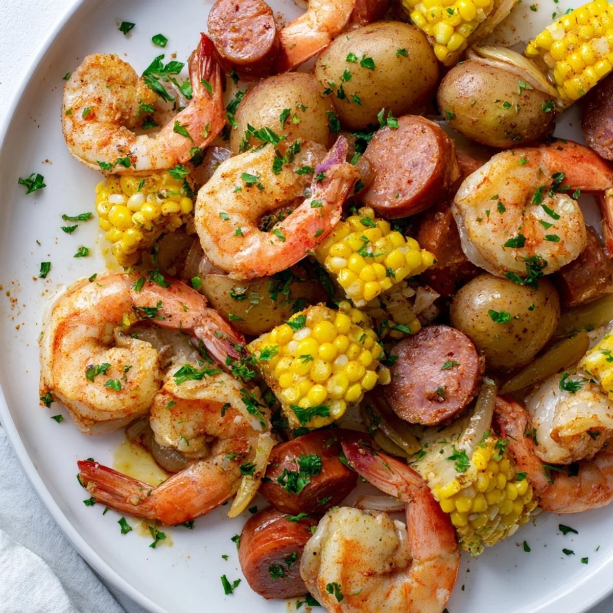 Steam rises from this hearty Cajun Shrimp Boil, showcasing succulent shrimp, tender potatoes, sweet corn, and andouille sausage seasoned with bold spices.