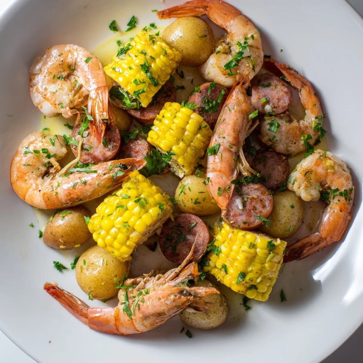 A vibrant Cajun Shrimp Boil with corn and potatoes, piled high on a tray with smoked sausage, fresh parsley, and lemon wedges for serving.