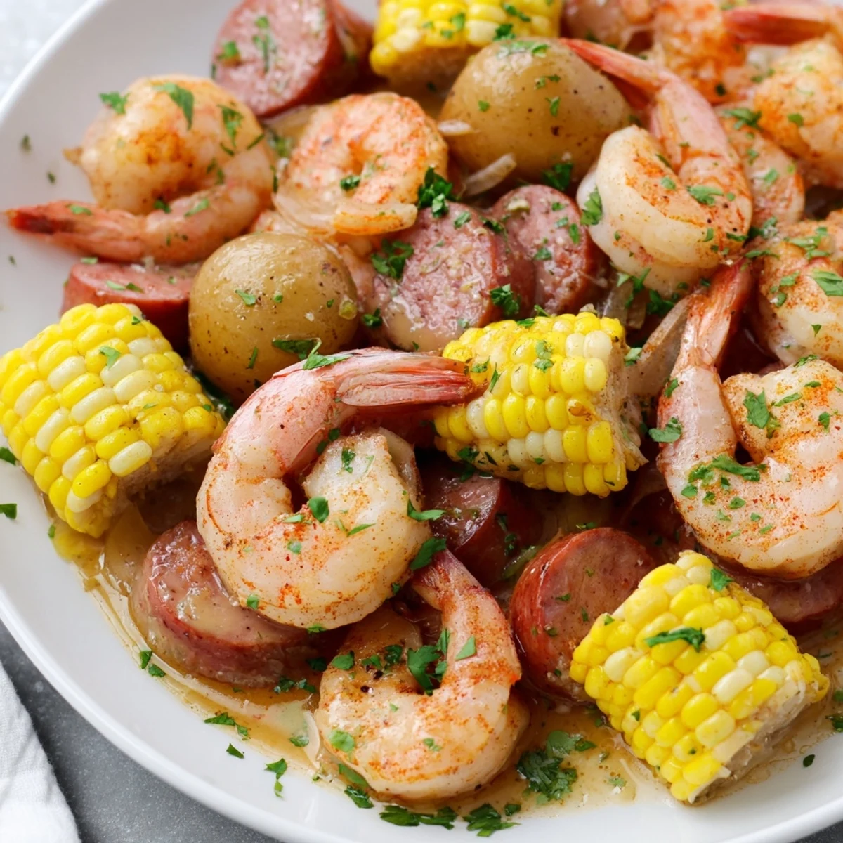 Perfect for a Southern-style feast, this Cajun Shrimp Boil features shrimp, potatoes, corn, and sausage drizzled with melted butter and fresh parsley.