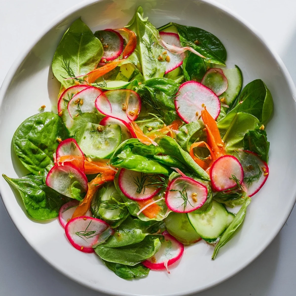 A close-up of vibrant Spring Garden Salad with Radishes and Cucumber, tossed in a light lemon vinaigrette.