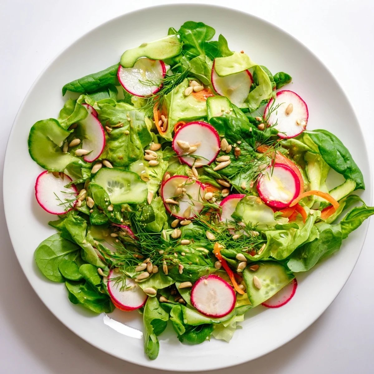 Fresh Spring Garden Salad with Radishes and Cucumber served in a white bowl, topped with sunflower seeds.