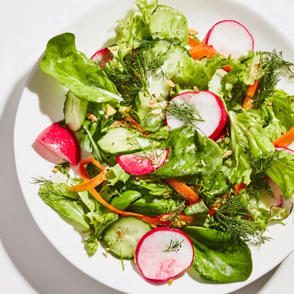 Spring Garden Salad with Radishes and Cucumber on a rustic table, showcasing crisp greens and sliced vegetables.