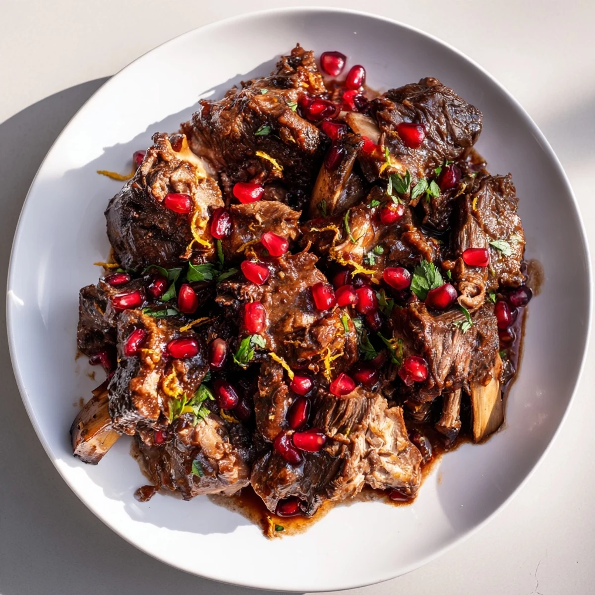 Braised Lamb Shoulder with Pomegranate glistens with jewel-like seeds and herbs on a rustic plate.  