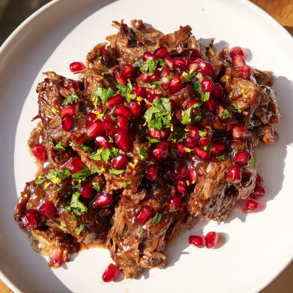 Golden Braised Lamb Shoulder with Pomegranate glazed in a rich, sweet-tart sauce, topped with parsley.