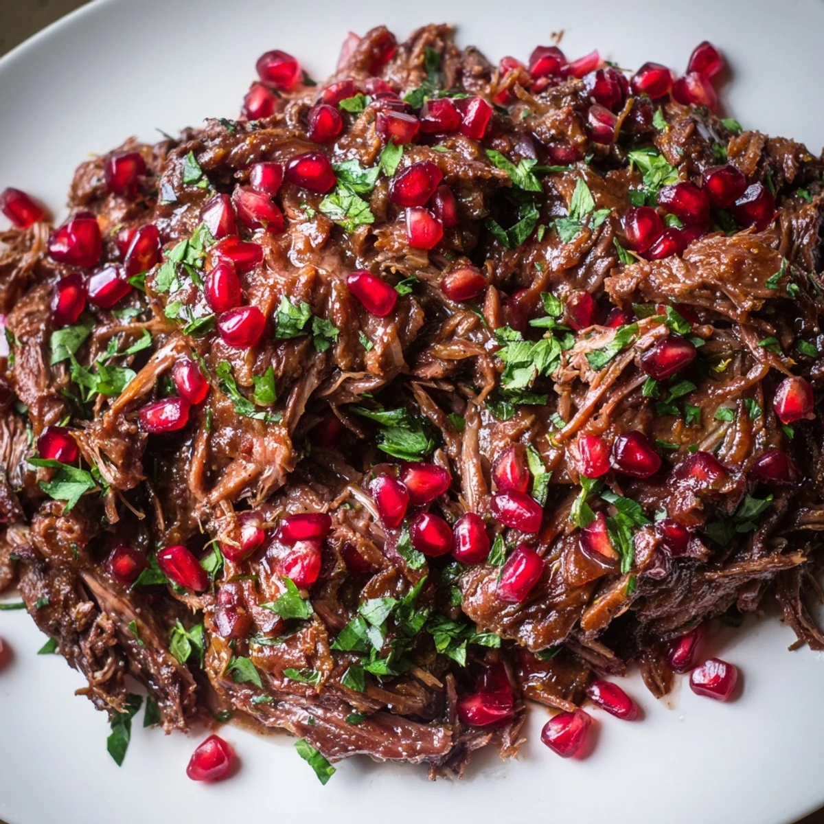 Fragrant Braised Lamb Shoulder with Pomegranate falls off the bone beside fluffy rice pilaf.  