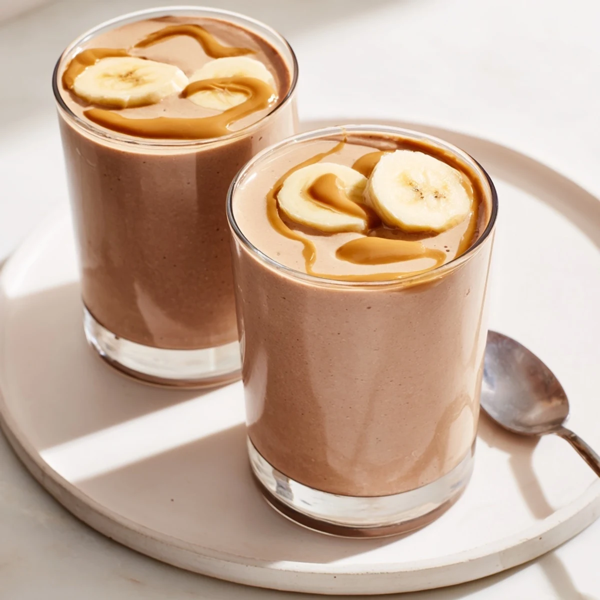 This creamy Chocolate Peanut Butter Smoothie with Banana is garnished with peanut butter drizzle and cocoa nibs.  