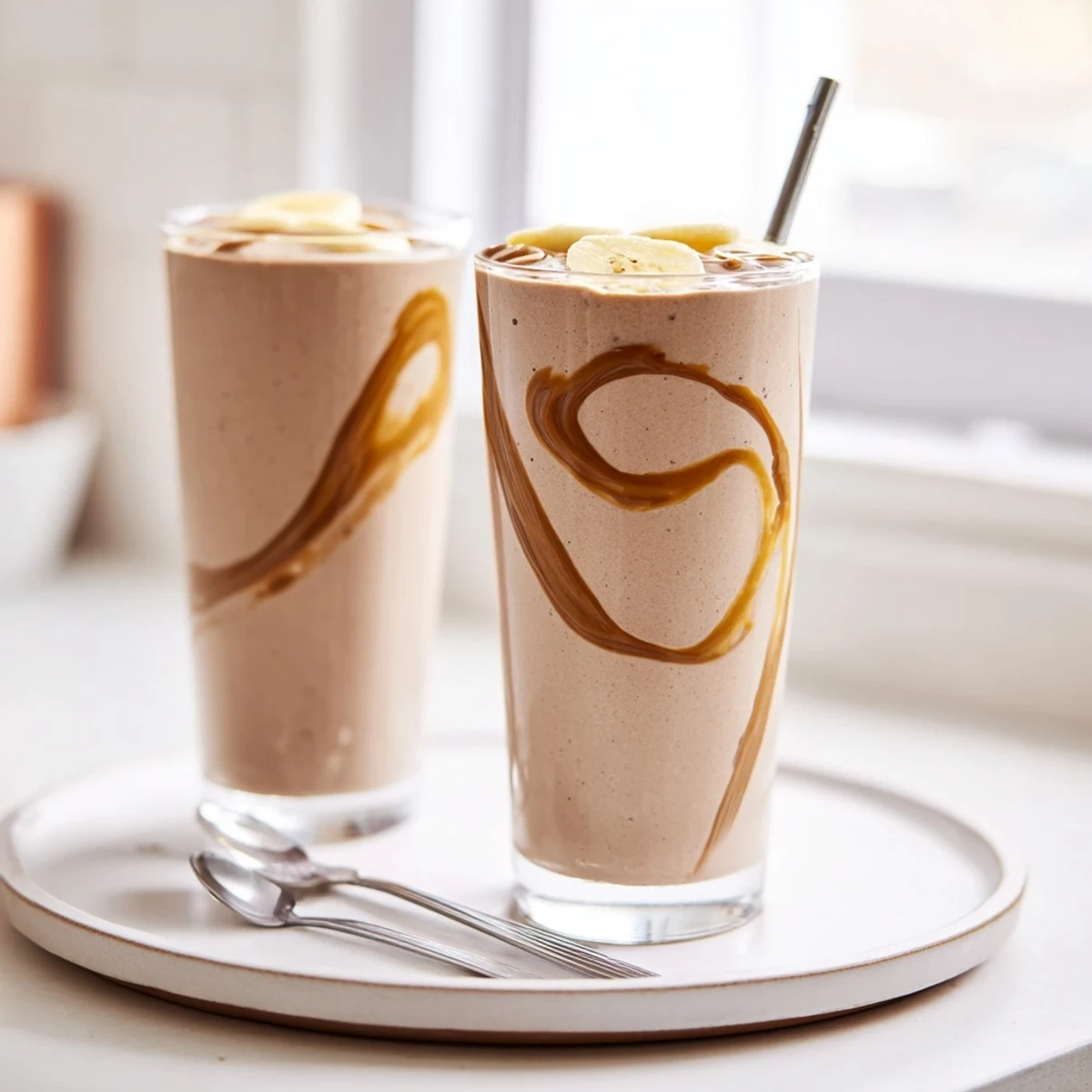 In a tall glass, the Chocolate Peanut Butter Smoothie with Banana shows ice crystals and thick texture.  