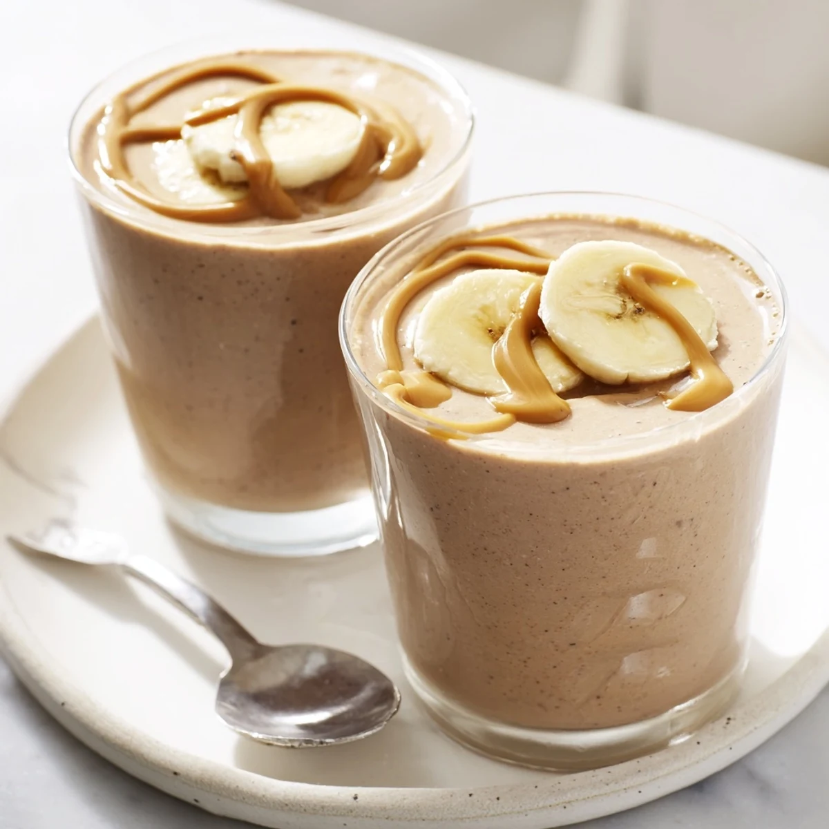 Perfect for breakfast, the Chocolate Peanut Butter Smoothie with Banana pairs with a banana slice on top.