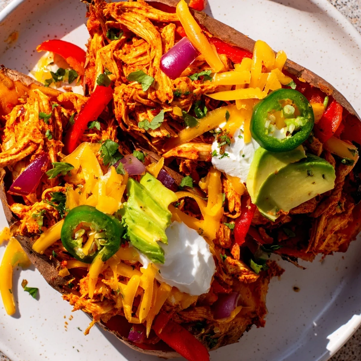 Golden roasted Chicken Fajita Stuffed Sweet Potatoes filled with seasoned chicken, peppers, and onions.  