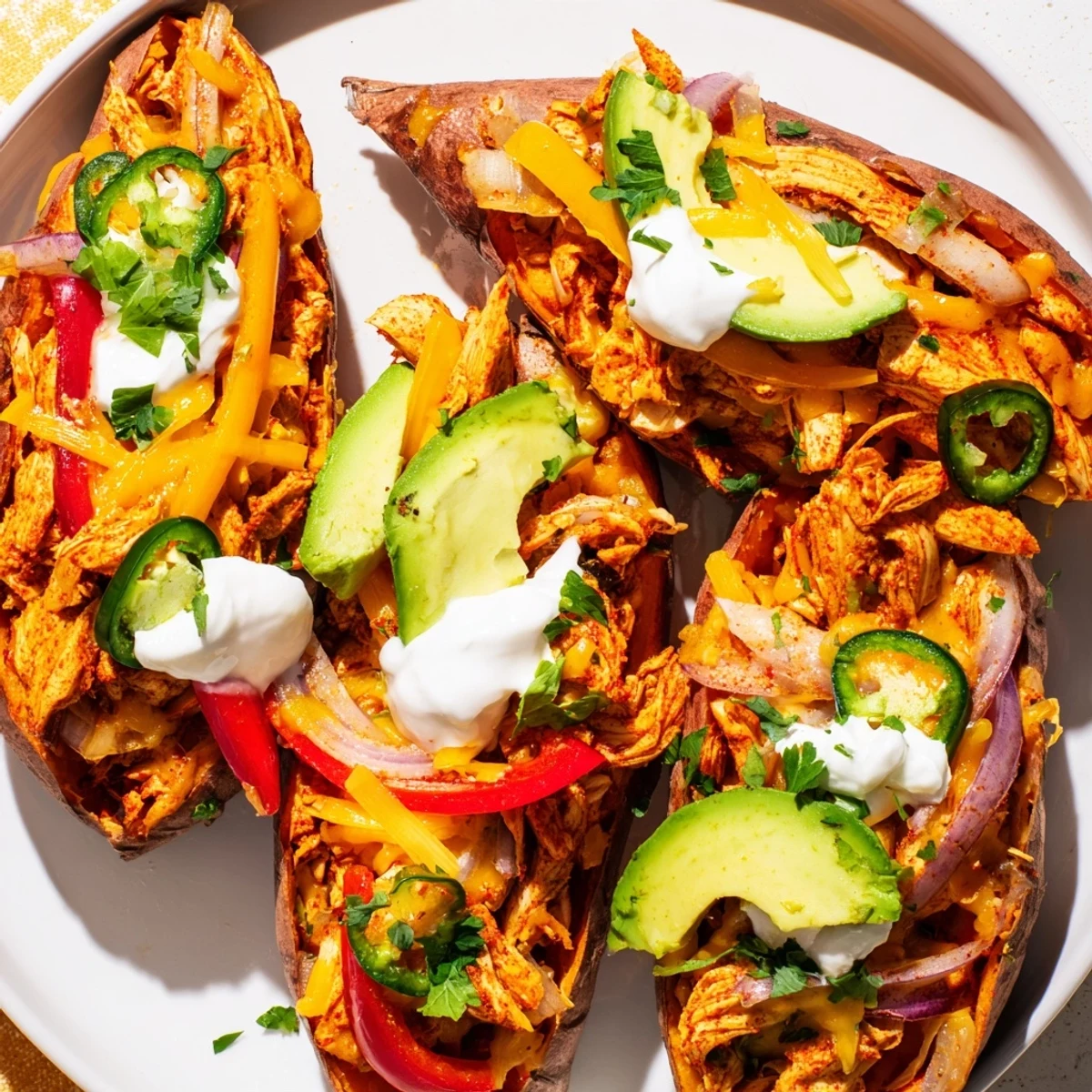 Two halves of Chicken Fajita Stuffed Sweet Potatoes topped with cheese, avocado, and sour cream.  