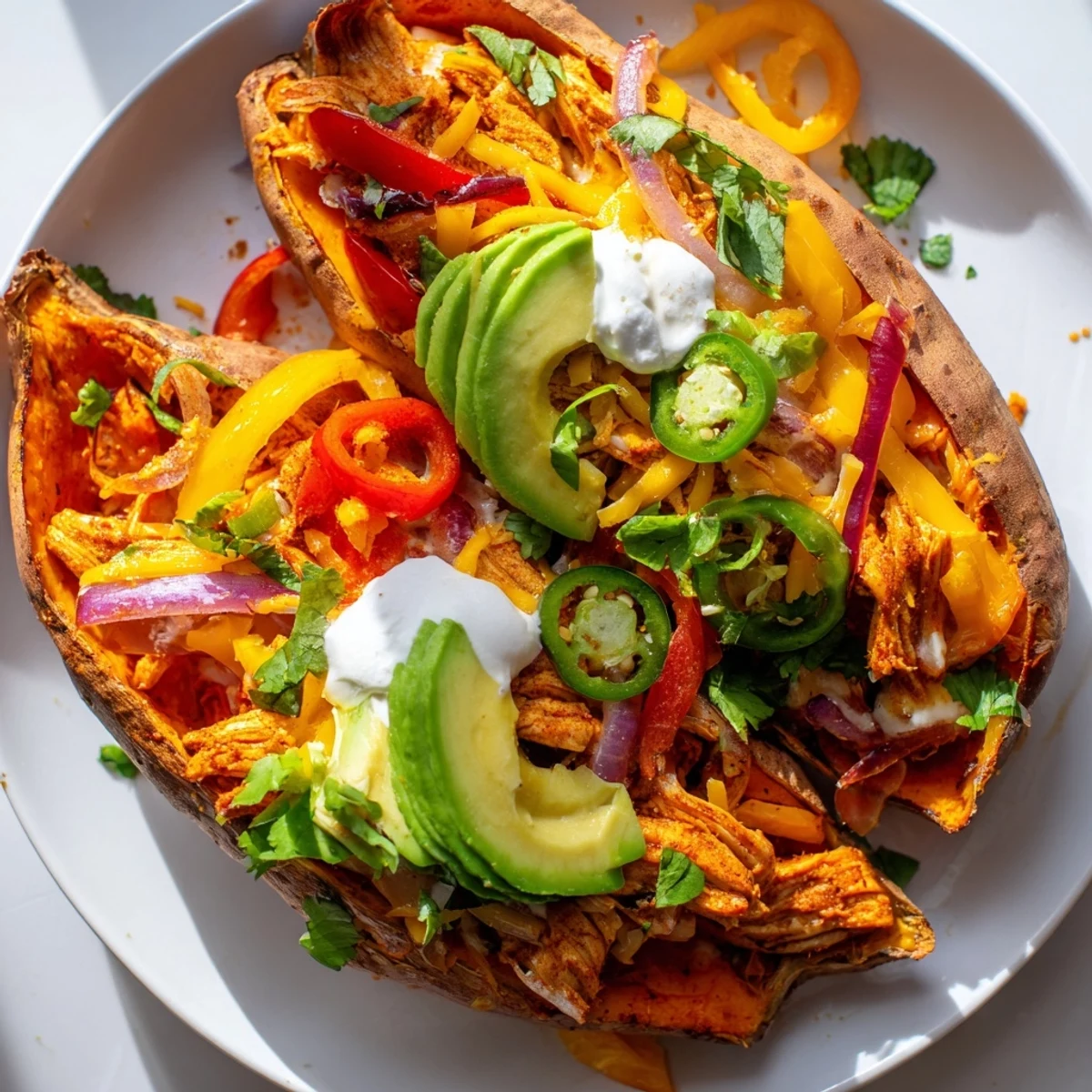 Chicken Fajita Stuffed Sweet Potatoes ready to serve with cilantro and fresh lime wedges.