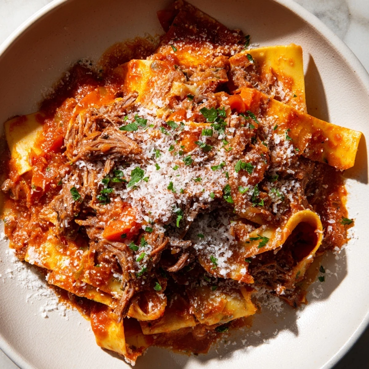 Steaming Slow Cooker Beef Ragu with Pappardelle in a ceramic bowl, garnished with fresh parsley and grated Parmesan.
