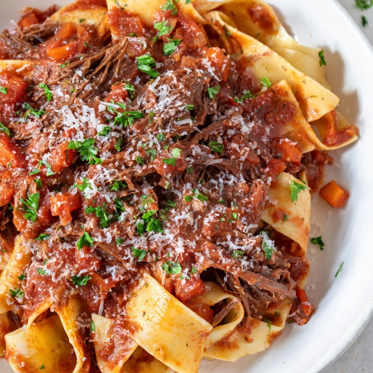 A fork lifts tender shredded beef from a bed of wide pappardelle noodles coated in rich red sauce.