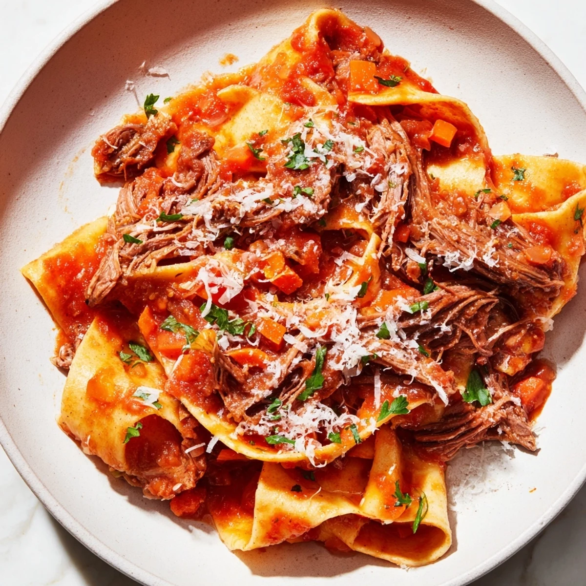 Close-up of Slow Cooker Beef Ragu with Pappardelle, highlighting juicy meat strands and silky pasta in a cozy setting.