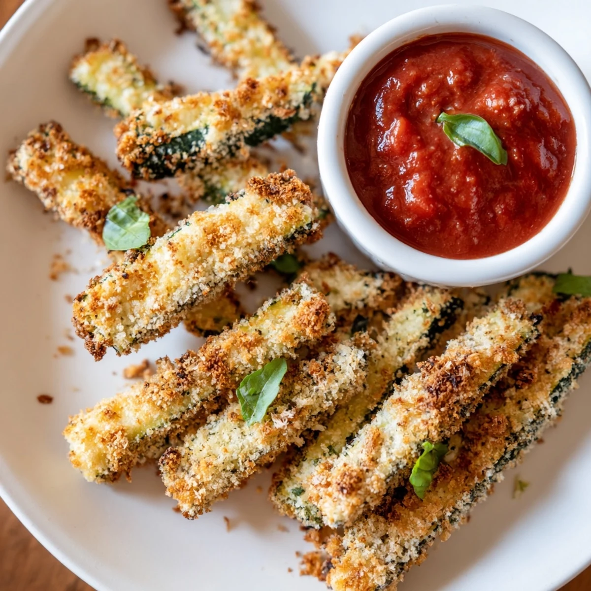 Crispy Baked Zucchini Fries with Marinara Sauce on a rustic plate, golden breaded sticks beside a small red dipping bowl.