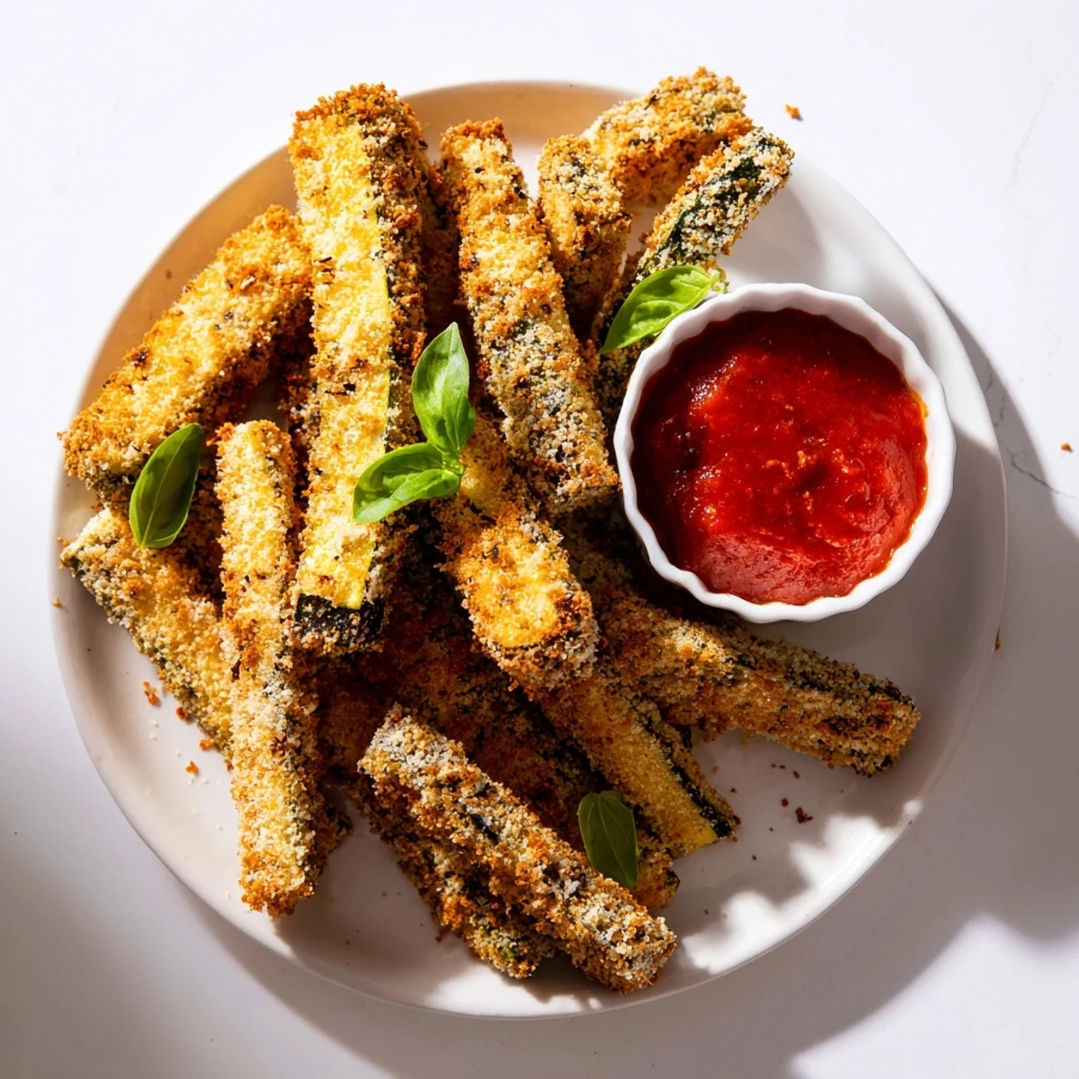Freshly baked Baked Zucchini Fries with Marinara Sauce arranged on parchment, showing off their crunchy coating and bright green centers.