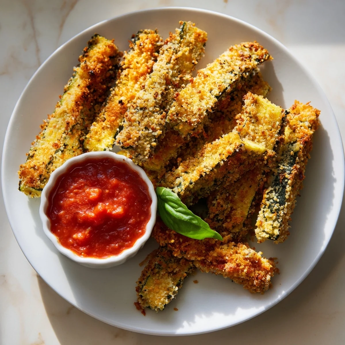 Close-up of Baked Zucchini Fries with Marinara Sauce, steam rising, inviting dipping sauce next to the vegetable sticks.