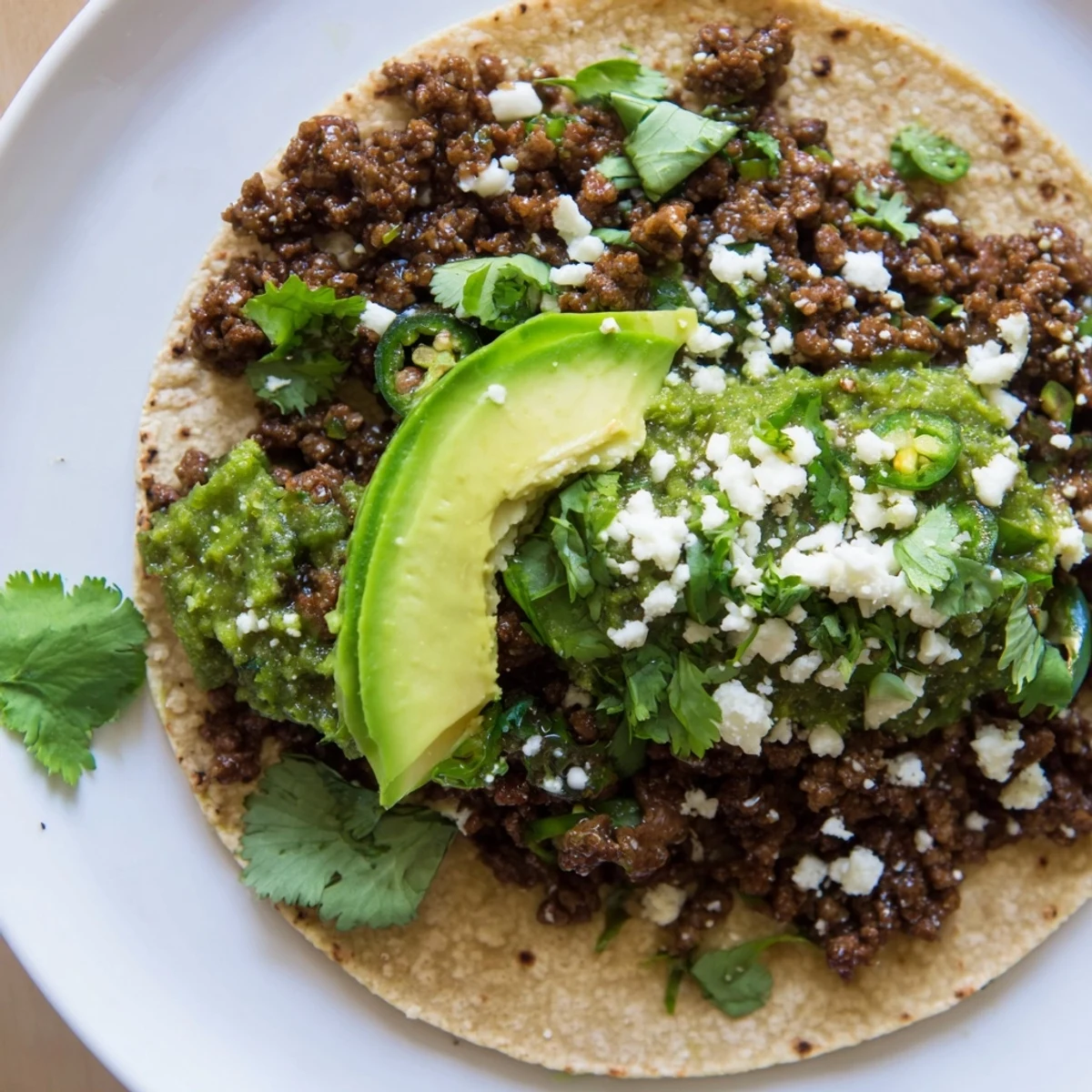 Juicy, seasoned beef and tangy salsa verde fill warm corn tortillas in this Spicy Beef Tacos recipe.