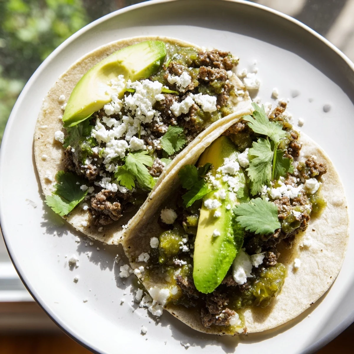 Golden, crisped tortillas cradle bold spiced beef and bright green salsa verde for Spicy Beef Tacos.