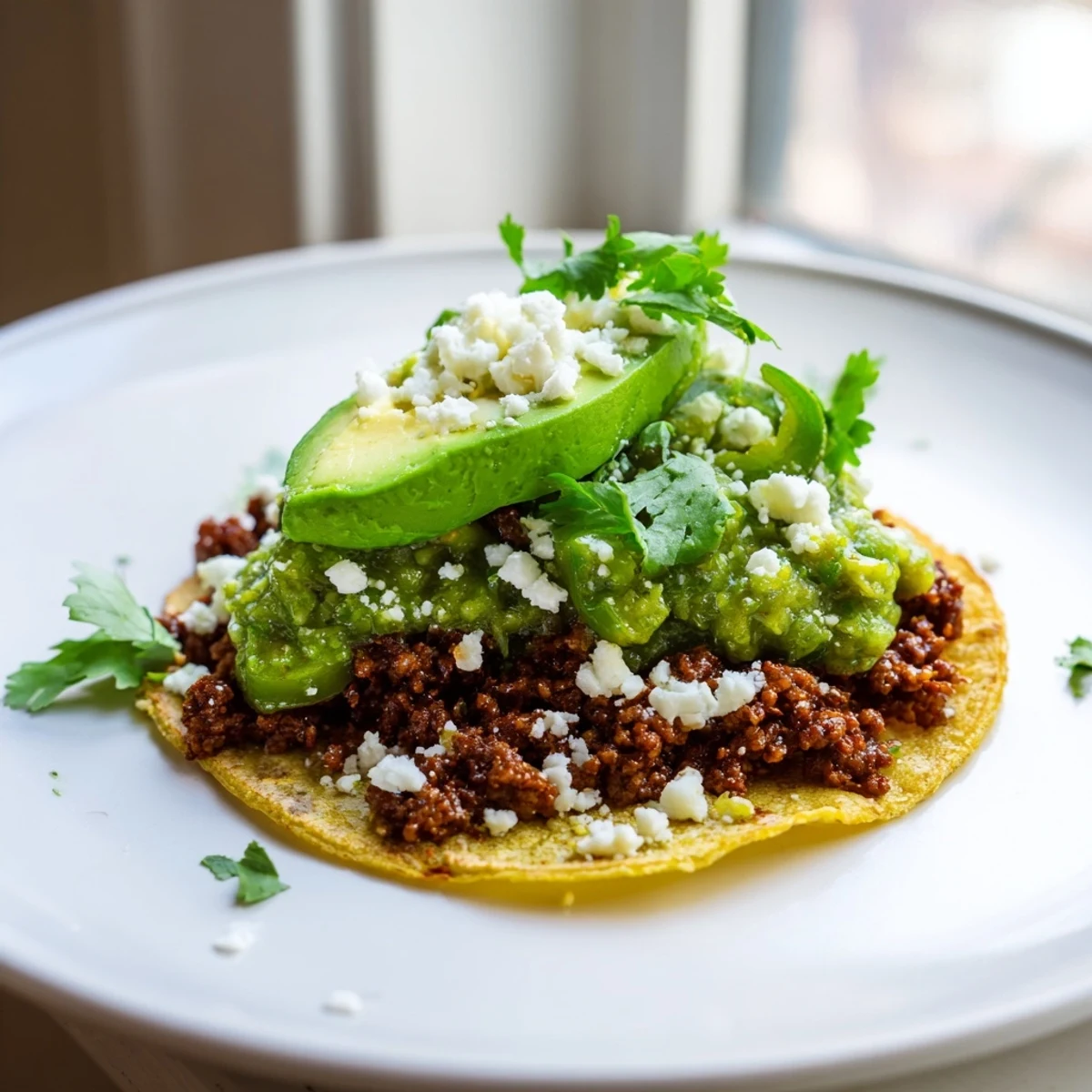 Fresh cilantro and creamy avocado slices top these homemade Spicy Beef Tacos with zesty salsa verde.
