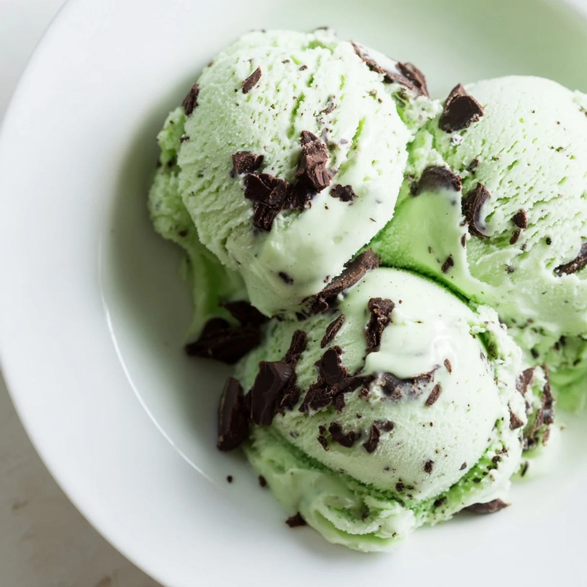 Homemade Green Mint Chocolate Chip Ice Cream scoops in a waffle cone, melting slightly on a warm day.