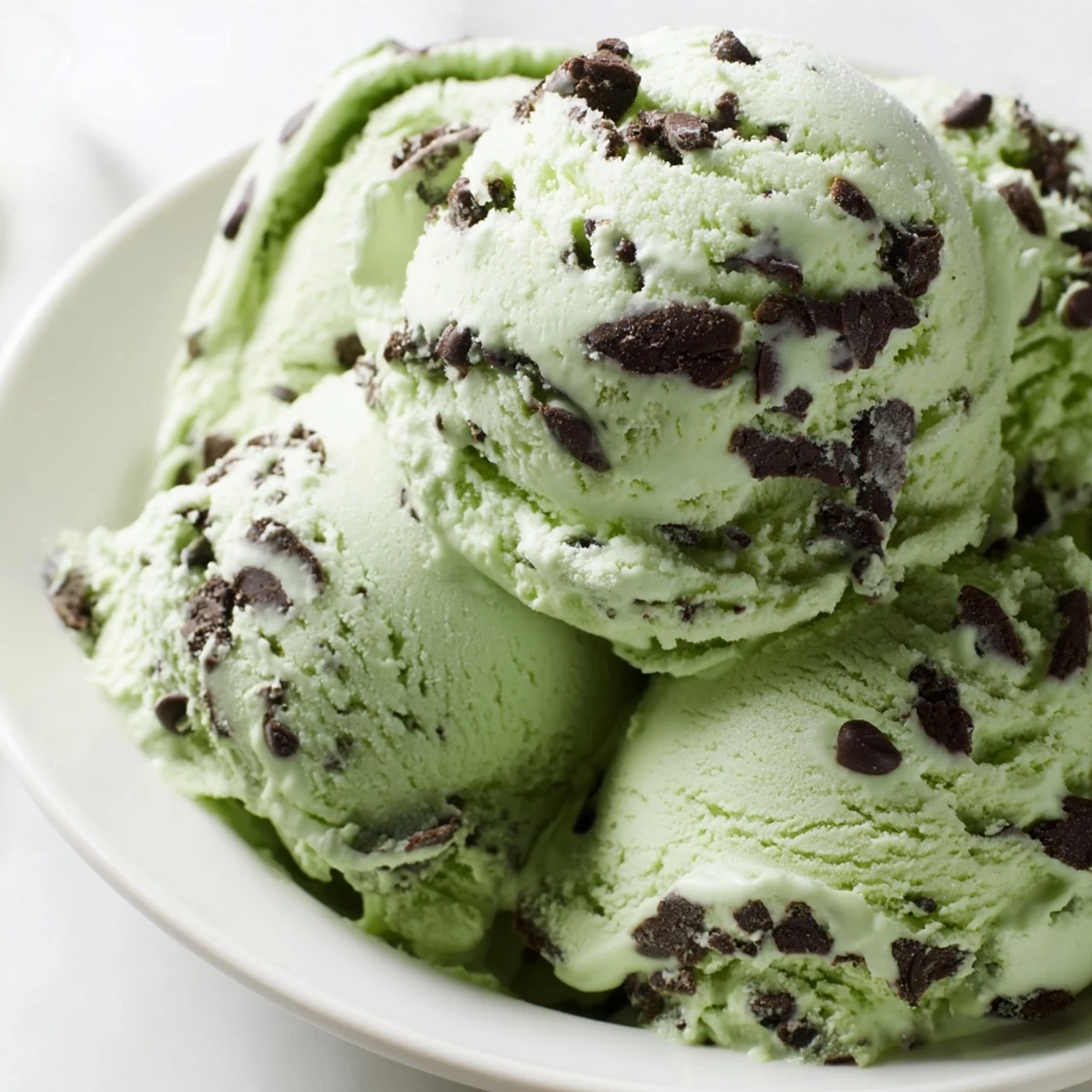 Freshly churned Green Mint Chocolate Chip Ice Cream in a chilled bowl with chocolate shavings and a mint sprig.