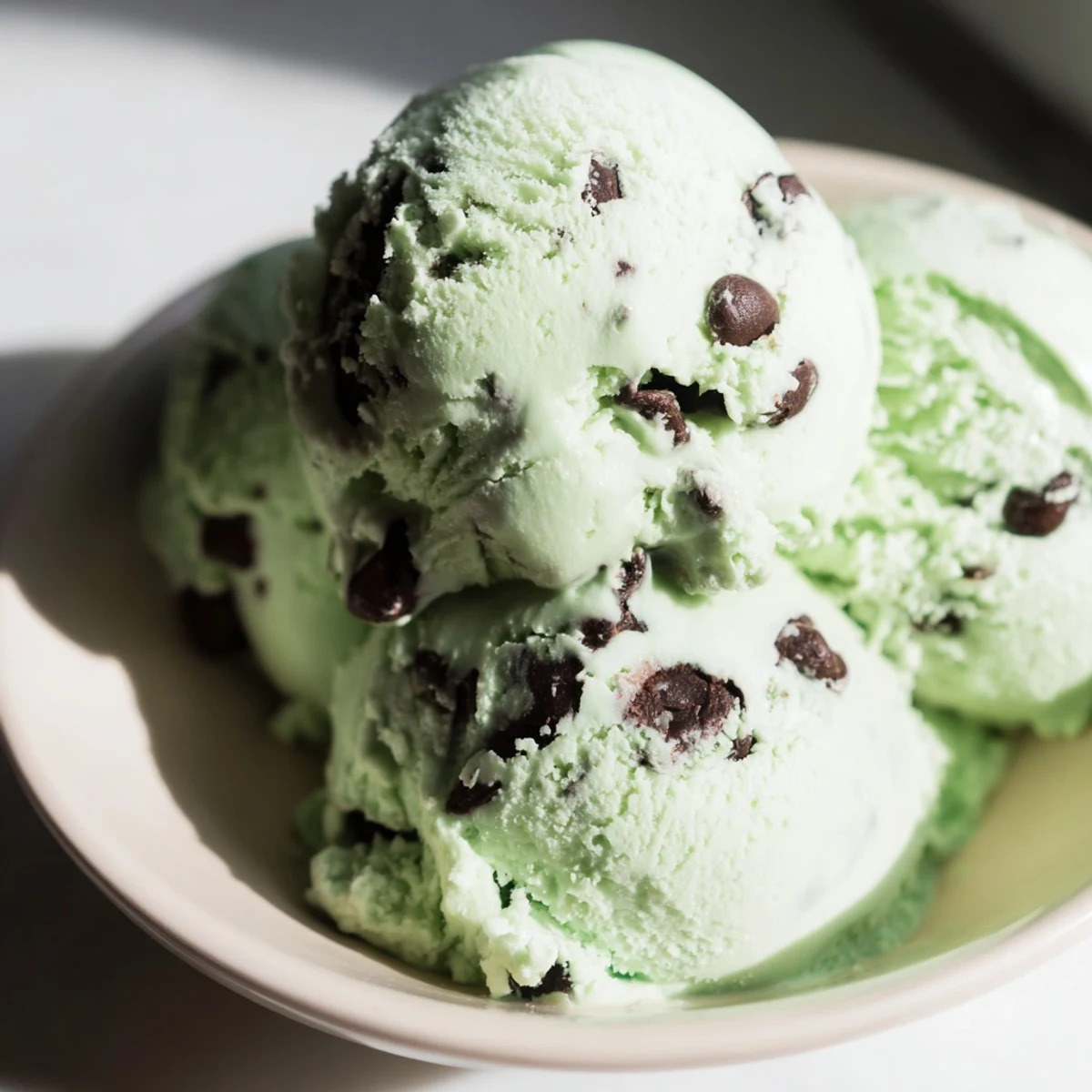 A close-up of creamy Green Mint Chocolate Chip Ice Cream, revealing chocolate chunks against a vibrant mint-green backdrop.
