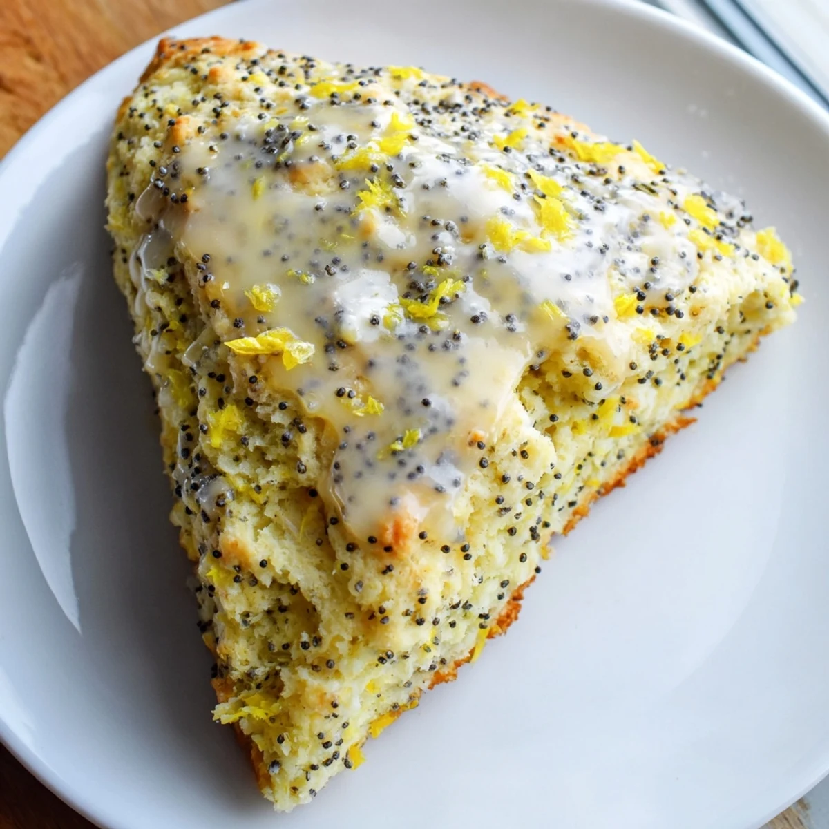 Freshly baked Lemon Poppy Seed Scones with a glistening lemon glaze and a soft crumb.