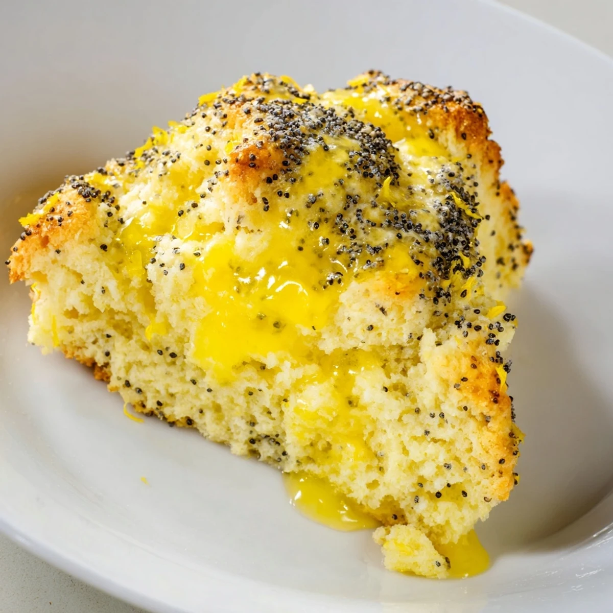 Warm Lemon Poppy Seed Scones served on a plate next to a cup of tea.