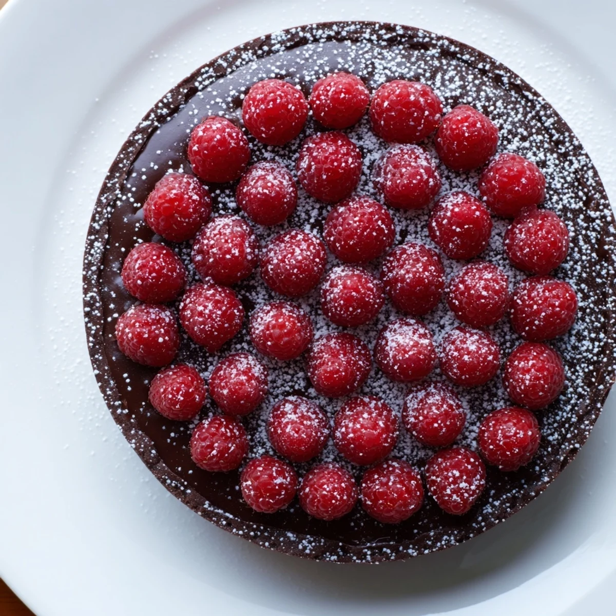A close-up of the finished Chocolate Raspberry Tart, showcasing fresh raspberries on glossy chocolate ganache.