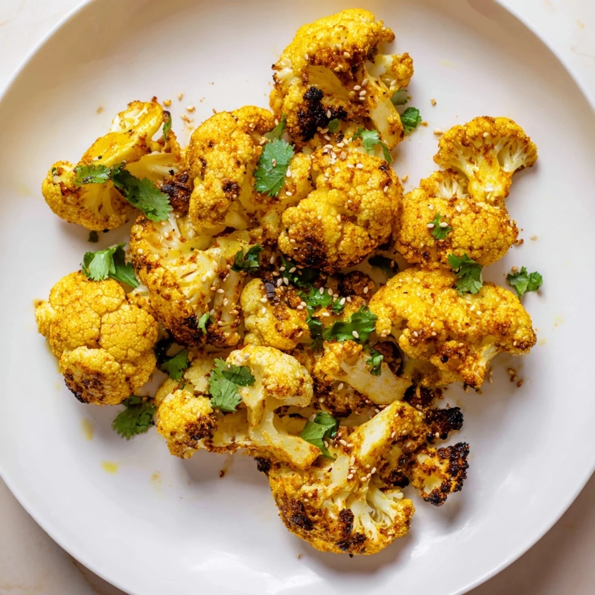 Golden roasted cauliflower with turmeric served warm, garnished with fresh cilantro and sesame seeds, alongside a creamy yogurt dip.  