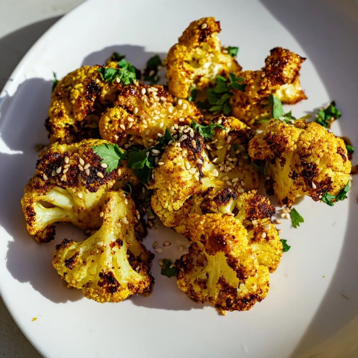 A close-up of tender roasted cauliflower with turmeric on a rustic platter, sprinkled with sesame seeds for texture.  